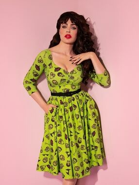 Vixen by Micheline Pitt Wicked Swing Dress In Vintage Monster Print, Size XL GUC